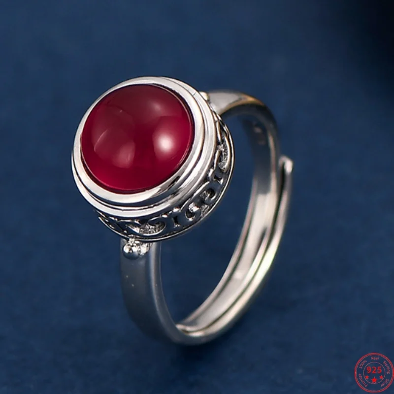 

S925 Sterling Silver Rings for Women New Fashion Ancient Pattern Palace Style Red Corundum Jewelry Christmas Gift Free Shipping