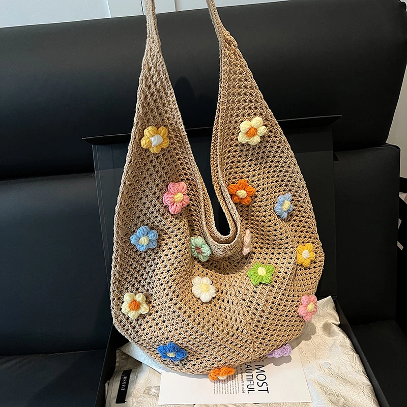 Women's Large Capacity Knitted Tote Handbag Hollow Summer Solid Color Aesthetic Hobo Bag for Daily Use Ladies