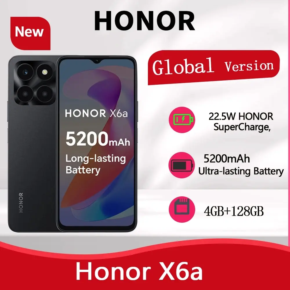 Honor 글로벌 버전 오리지널 휴대폰, 풀 뷰 디스플레이, 22.5W 유선 충전, 5200mAh 배터리, 50MP 트리플 카메라, X6a, 6.56 인치, 90Hz