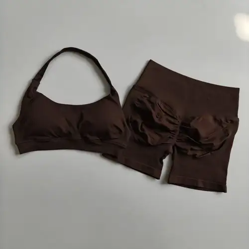 Sexy Halter Neck Beautiful Back High Waist Peach Sports Bras Shorts Suit Pilates Gathering Yoga Vest Training Fitness Bra Sets - Image 17