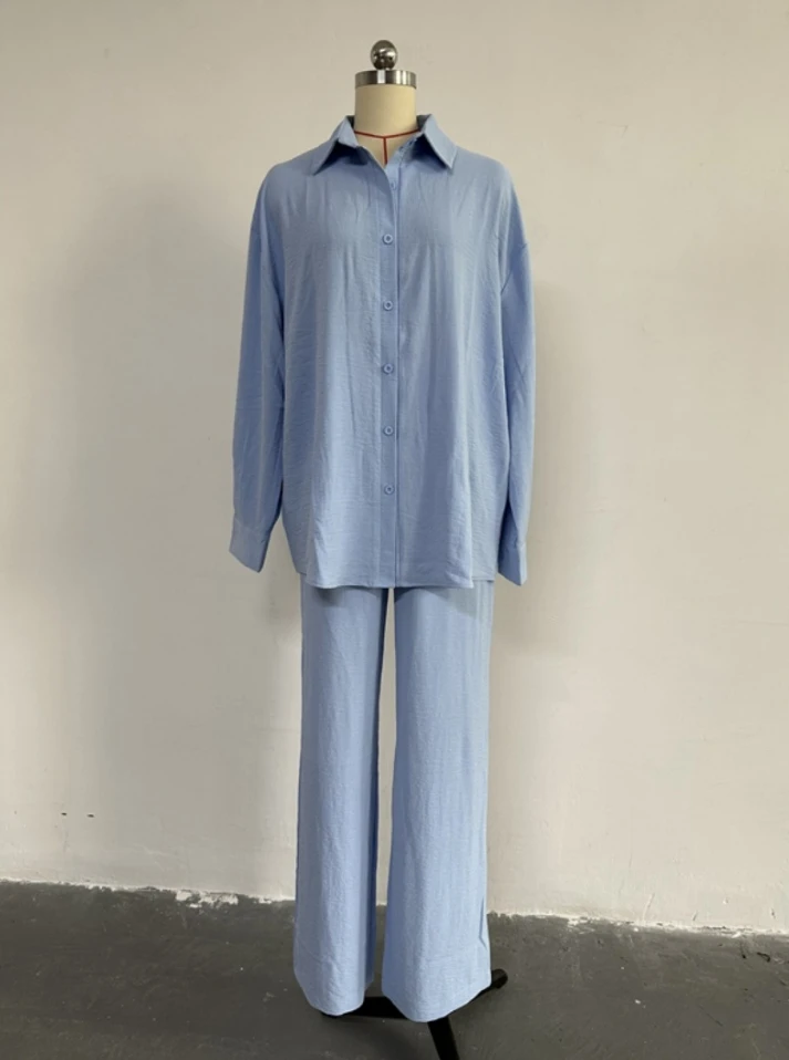 Casual Two-piece Women's Temperament Solid Color Loose Button Turn-down Collar Long Sleeve Shirt Top and High Waisted Pants Set