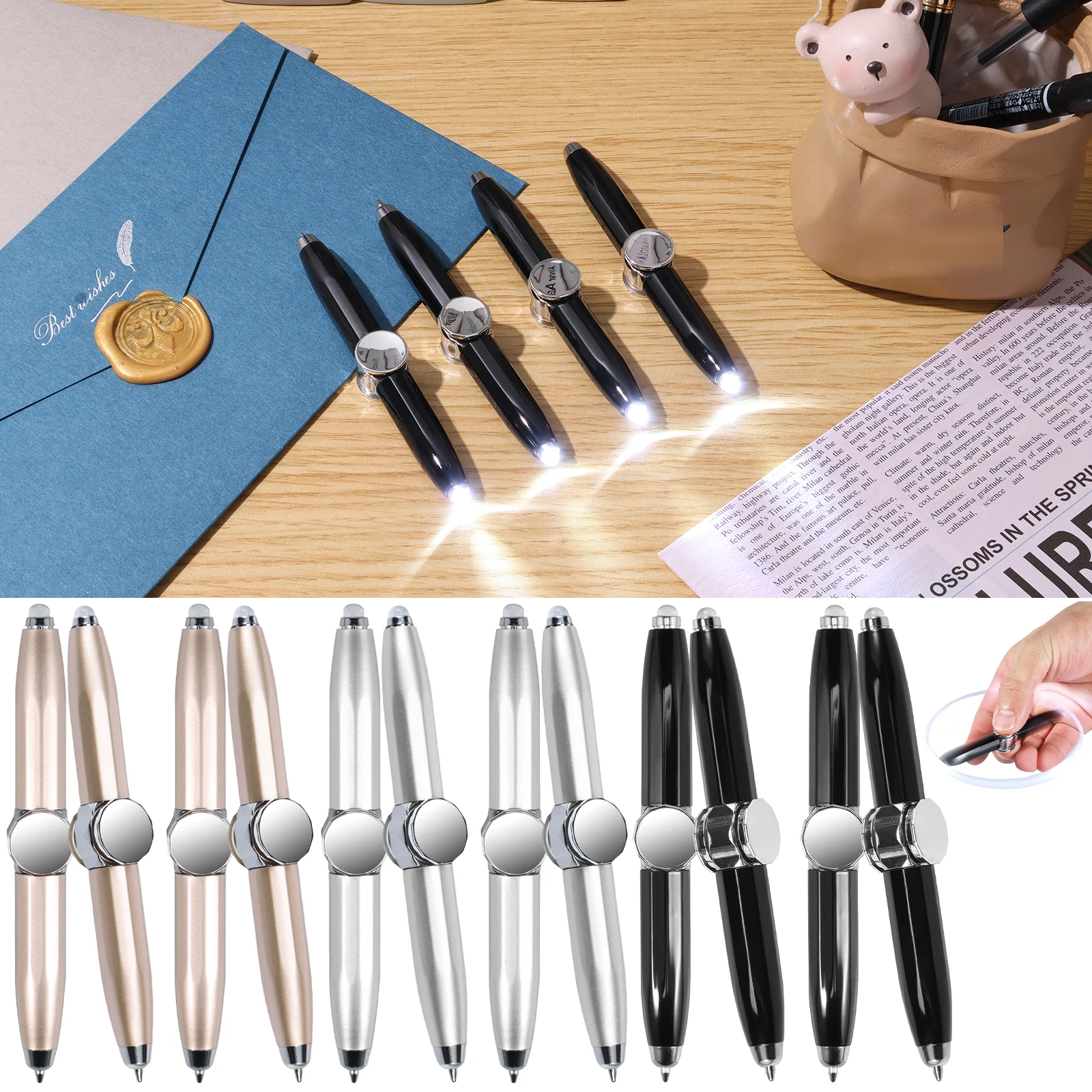 

New 4Pcs Spinning Pen Battery Operated Rotating Ballpoint Pen with Mini LED Light Funny Fingertip Gyro Pen Smooth Help Thinking