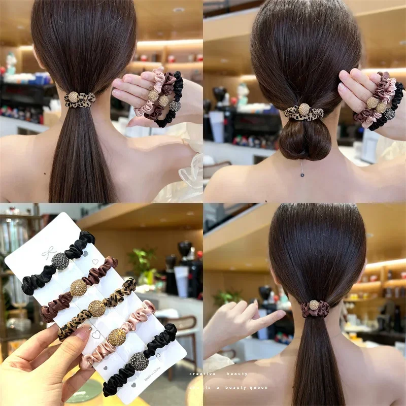 

Round ball rhinestone large hair circle leather band girl tied hair ponytail ball decorated with simple temperament hair rope