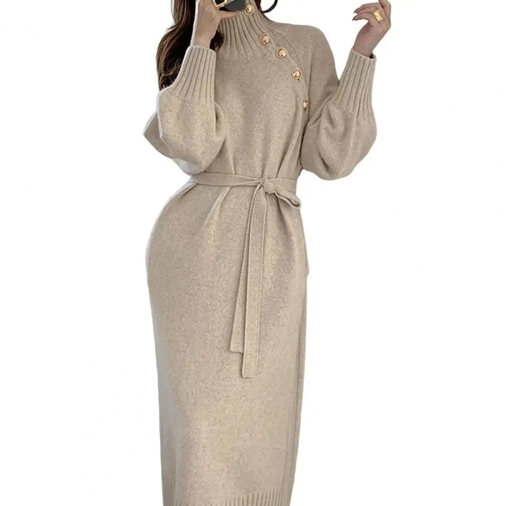 أزرار الياقة المدورة خمر كم طويل فساتين طويلة الشت...