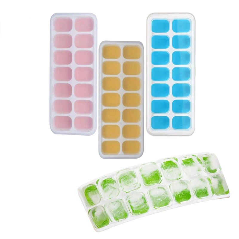 

4 Pcs Ice Square Tray,Silicone 14 Grid Ice Square Mold With Lid, Stackable,For Whiskey Cocktails Fruit Baby Food Chill