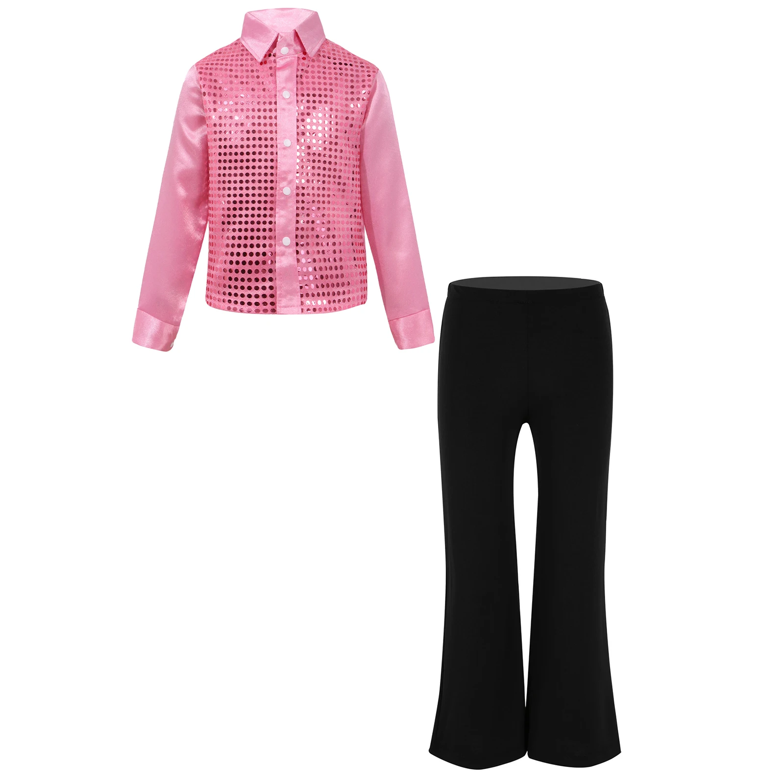 Kinder-Jungen-Jazz-Tanz-Bühnenoutfits, Hip-Hop-Kostüm, langärmliges, glitzerndes Paillettenhemd mit Knöpfen und Hose – Detail 15