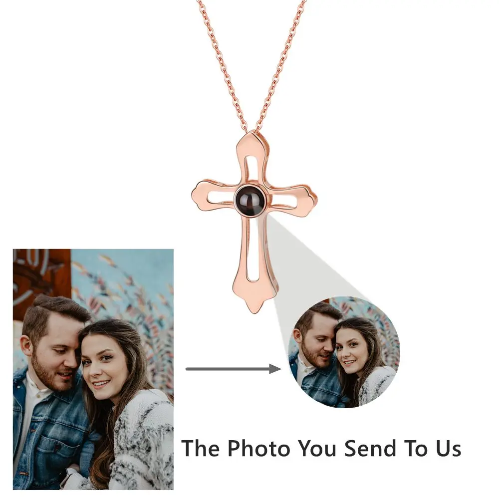 2023 Personalized Fashion Custom Projection Photo Necklace for Women Men Rose Gold Silver Color Cross Pendant Chain Jewelry Gift