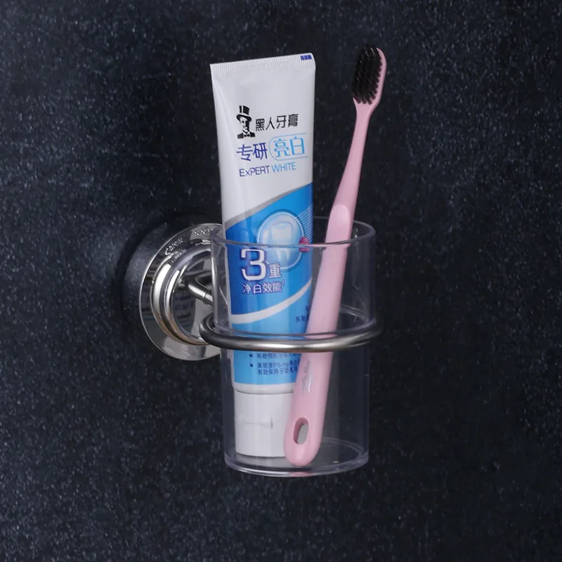 Stainless Steel Bathroom Cup Holder Wall Mounted Sucker Storage Shelf Toothbrush Toothpaste Cups Rack for Bathroom Accessories