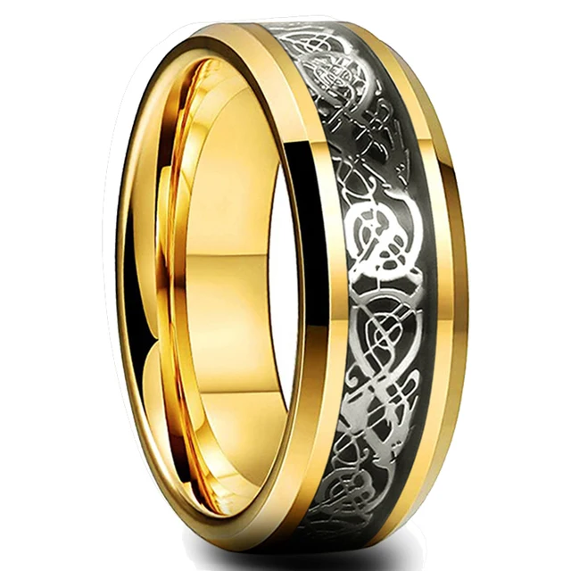 Bague celtique en acier inoxydable pour homme, 21 couleurs, 8 mm, incrustation de dragon rouge, vert, noir, fibre de carbone, alliance, bijoux, taille 6-13