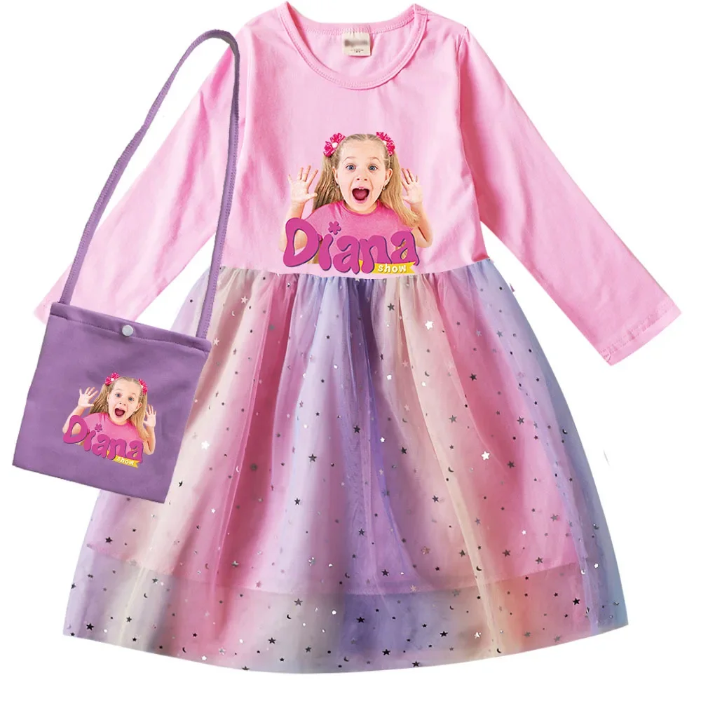 

Diana Y Roma Show Clothes Kids Long Sleeve Princess Dress Girls Mesh Sequin Casual Dresses Children's Halloween Wedding Vestidos