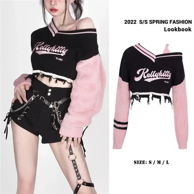 

Crop top American pink sweater design sense niche female spice girls pink damage sense embroidery long sleeve short shoulder