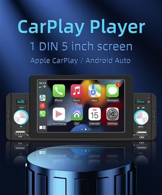 Autoradio CarPlay 5 Android-Auto, 1 Din, Poste Radio Voiture, Lecteur MP5,  Stéréo, Bluetooth, Mains Libres, A2DP, USB, Récepteur FM, Système Audio,  F160C