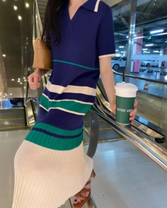 여성용 니트 아이스 실크 여름 드레스, 대비 색상, 반팔, 캐주얼, 루즈 플리츠, 미디 롱 드레스, 한국 패션 