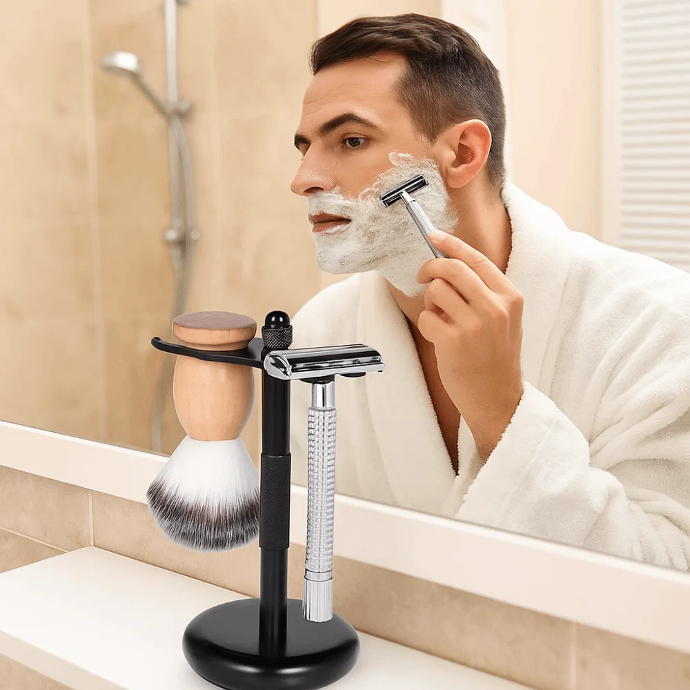 Alloy Construction Razor and Brush Stand Chrome Finish Weighted Bottom Manual Razor Rack Extra Wide Openings Safety
