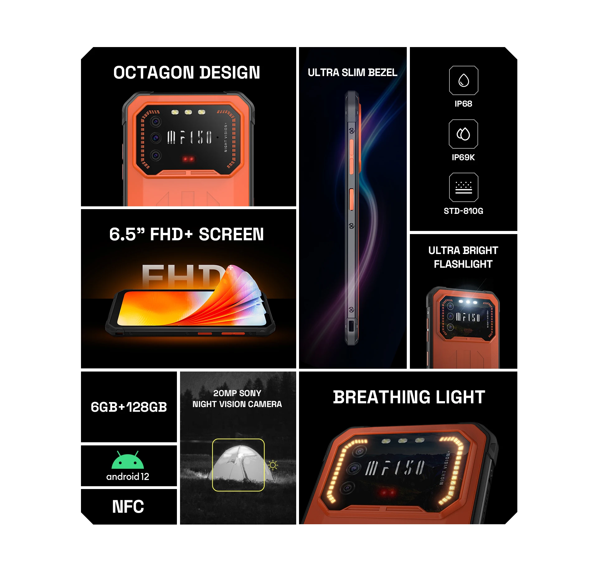 Iif150 – téléphone portable Air1 Pro, écran 6.5 pouces FHD, robuste, IP68/IP69K, 6 + 128 go, 48mp, Vision nocturne à infrarouge, NFC, Android 12