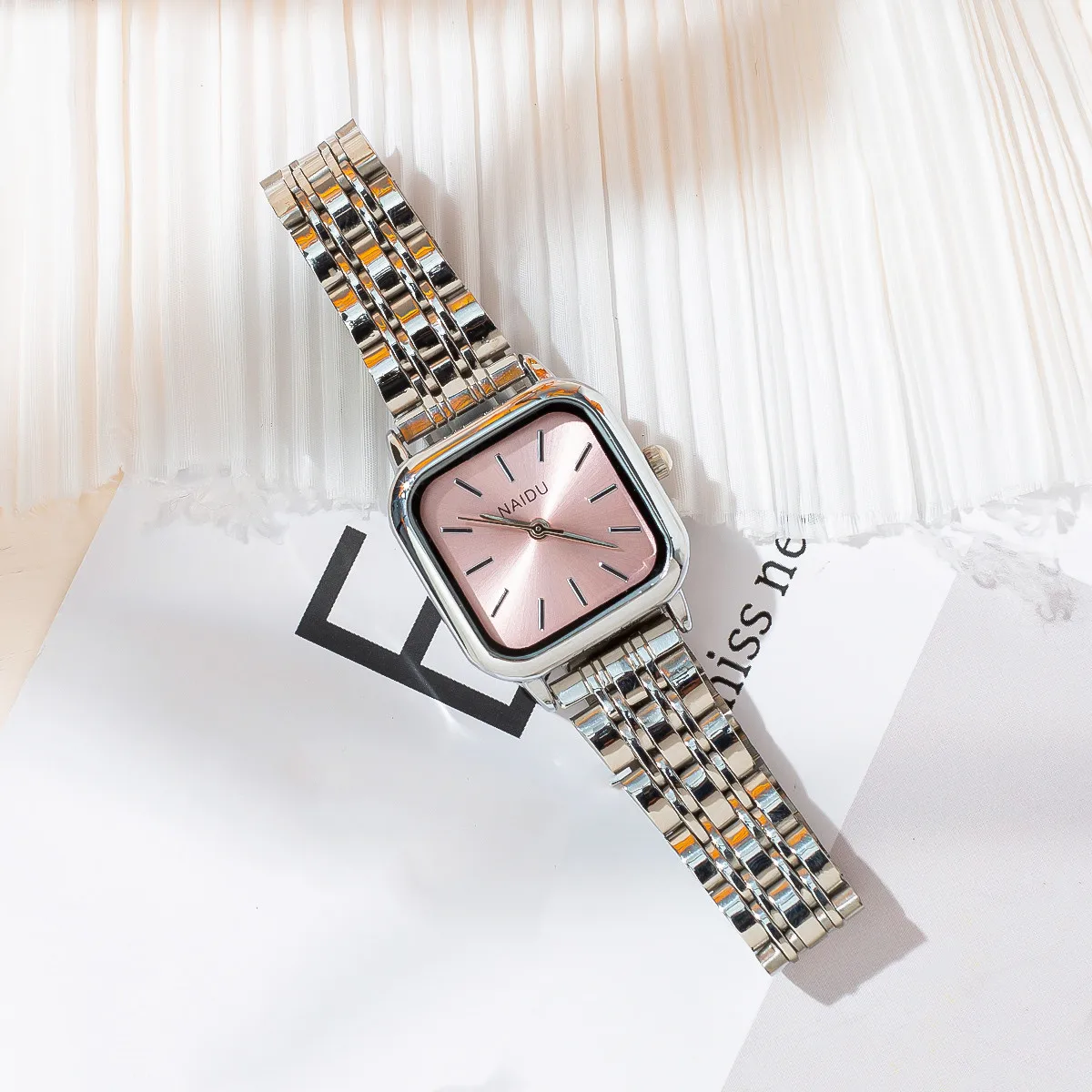 fashion simple square dial women quartz steel watch 4