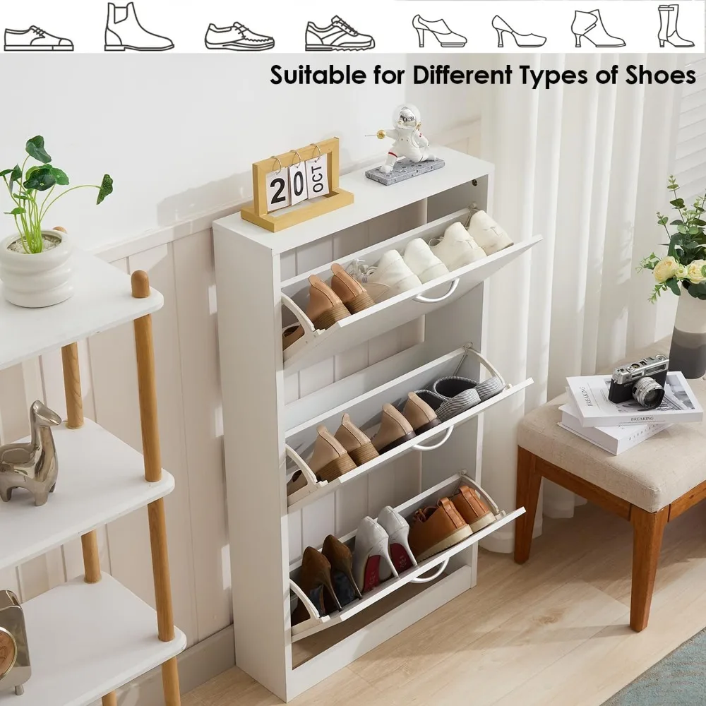 White Narrow Storage Cabinet Flip Down Shoe Rack Wood 3 Tier Shoe Organizer for Home and Apartment, Shoes Cabinets 4