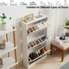 White Narrow Storage Cabinet Flip Down Shoe Rack Wood 3 Tier Shoe Organizer for Home and Apartment, Shoes Cabinets 4