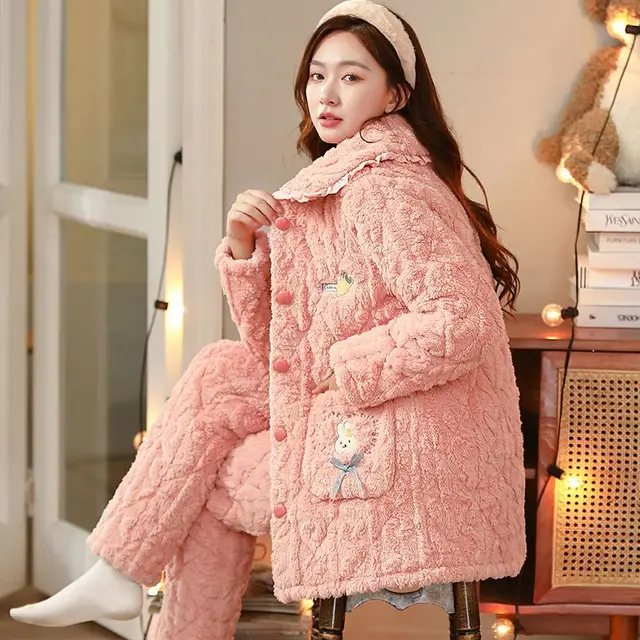 Stay Warm and Cozy this Winter with the 2023 Winter New Women Pajamas Coral Fleece Cotton-Padded Jacket Warm Fleece-Lined Suit