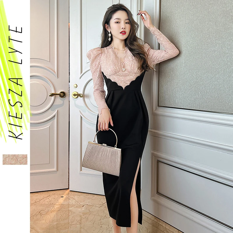 

Элегантное женское платье с V-образным вырезом, весенняя одежда 2024, Новые лоскутные кружевные платья миди с разрезом для женщин