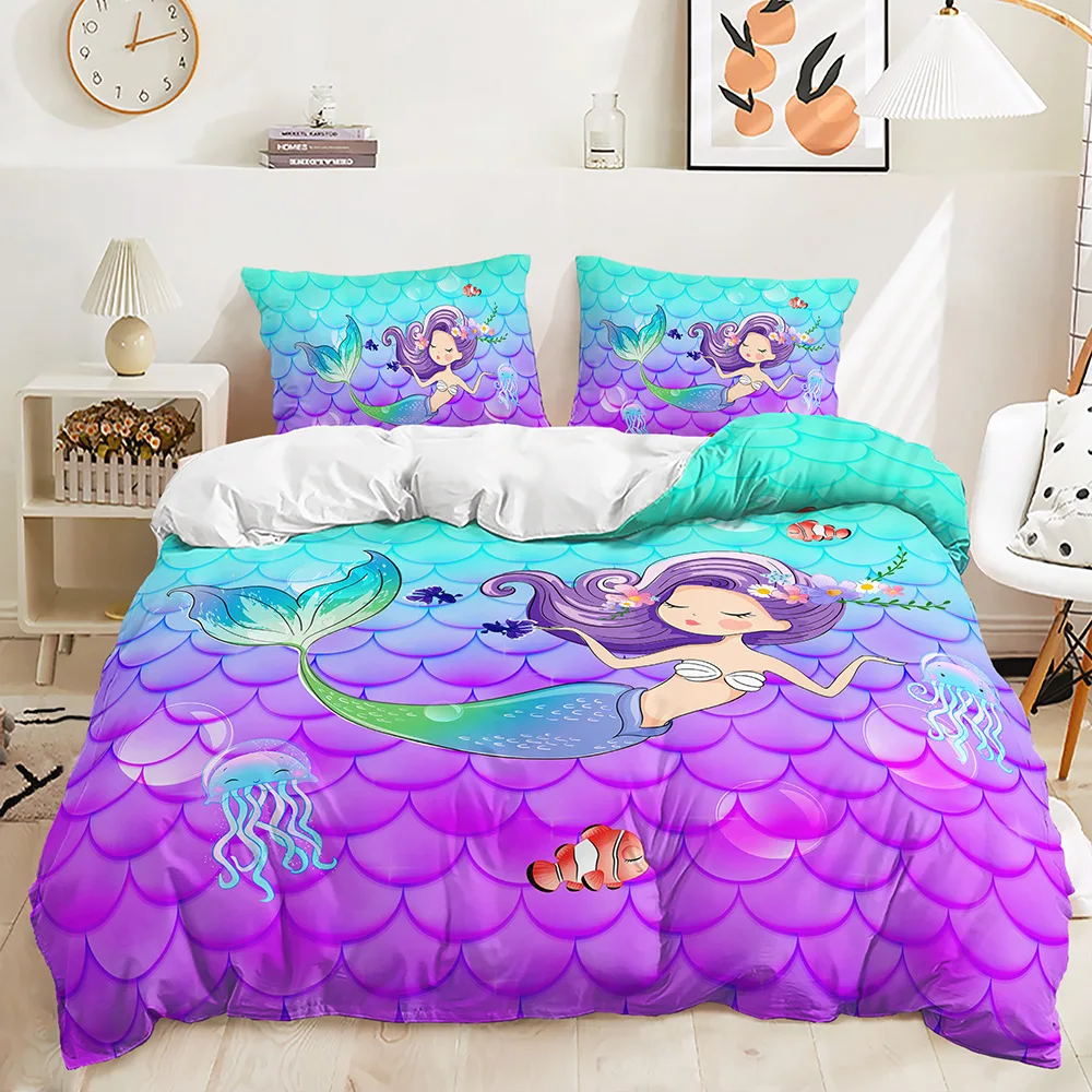 PurpleMermaidBeddingSetSoftPolyesterBedLinenwithPillowcase