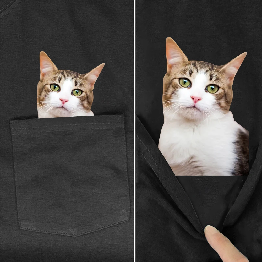 

CLOOCL Black Cotton T-Shirt Brand New Pocket Cat 3D Printed T-shirt Men Women Shirts Funny Cottons Tee Tops