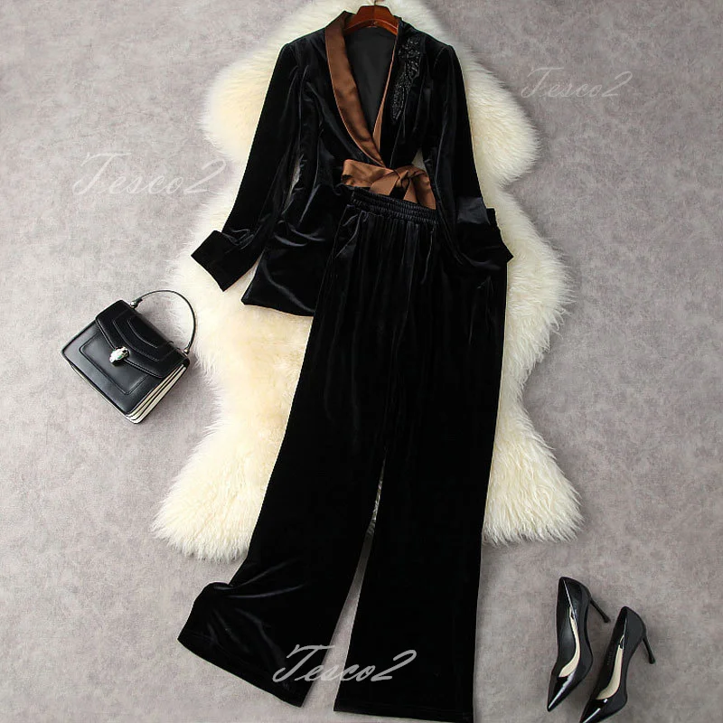 Tesco Women Autumn Winter Velvet Suit Set Blazer With Bead Tie Up Bow High Waist Wide Leg Pants For Office Wear Elegant Pantsuit