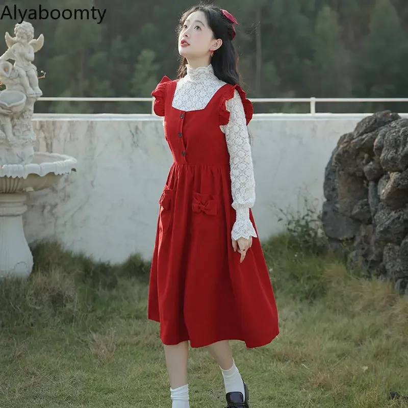 Mori Girl Spring Autumn Women Red Tank Dress Ruffles Bow Pockets Loose  Sleeveless Dress Cute Kawaii Preppy Style Elegant Dresses - AliExpress  200000345