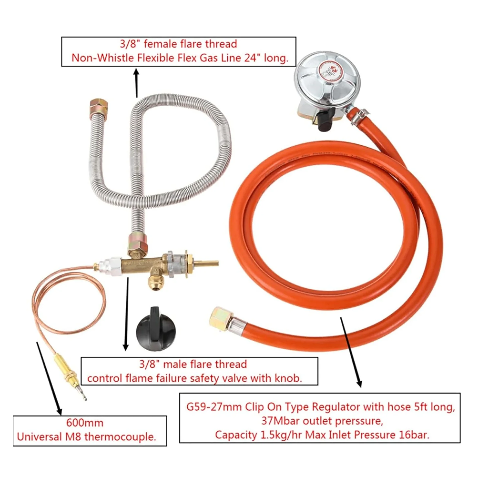 Fire Pits BBQ Patio Propane Butane LPG Gas Hose 27mm Clip on 37Mbar 1.5Kgh Regulator 3/8\