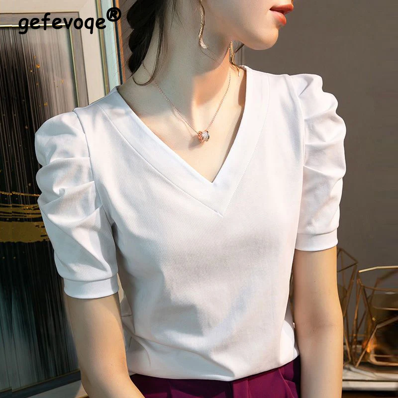 

2023 Women's Summer Cotton Short Sleeve All Match T-shirts Y2K Chic Basic Tees Fashion Elegant Solid Color V Neck Slim Tops Ropa