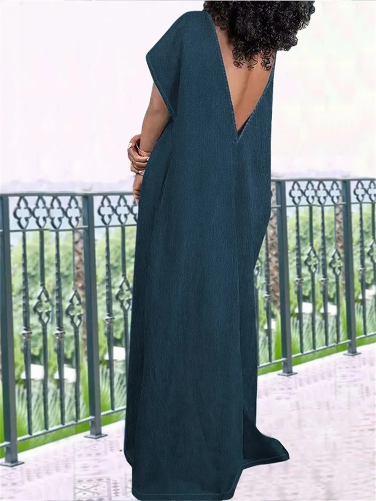 Wmstar Denim Plus Size Dresses for Women Summer Solid Sleeveless Open Back Casual Loose New Maxi Dress Wholesale Drop Shipping
