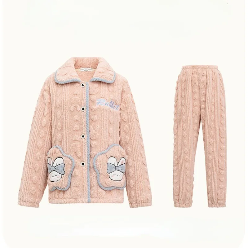 Warm Rabbit Winter Pajamas Women's New Thickened Velvet Loungewear Set Coral Fleece Lapel Home Clothing Flannel Large Loose Fit