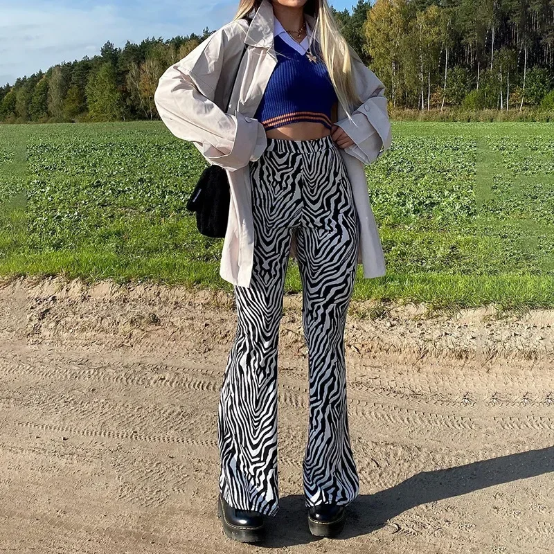 2024 New Autumn New Elastic Waist Zebra Print Elastic Casual Micro Flare Pants Women Sweatpants Casual Streetwear Y2K