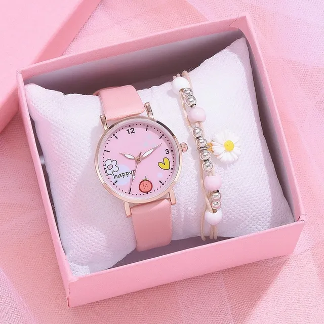 Kids Watches Set Students Children Pink Watch Girls Leather Strap Child Hours Quartz Wristwatch Girl Gift Clocks 1