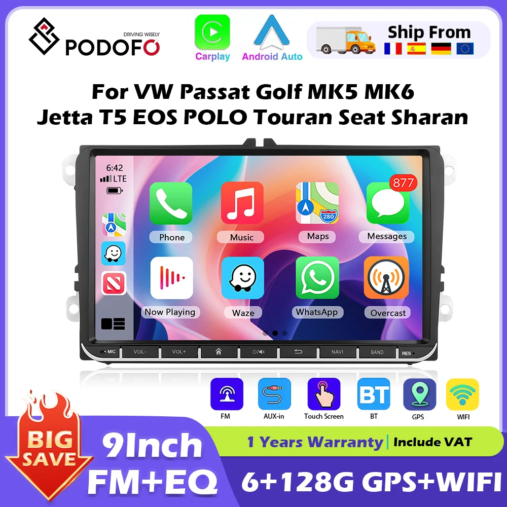Podofo 6 + 128G Android 2Din Radio de coche estéreo 9 "navigación GPS para VW Passat Golf MK5 MK6 Jetta T5 EOS POLO Touran Seat Skoda 1