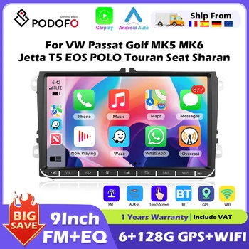 Podofo 6 + 128G Android 2Din Radio de coche estéreo 9 "navigación GPS para VW Passat Golf MK5 MK6 Jetta T5 EOS POLO Touran Seat Skoda 1