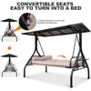 Outdoor Porch Swing 3 Person with Hardtop, 2 Side Cup Holder, Convertible Backrest, Cushion, 2 Pillows, Outdoor Swing 5
