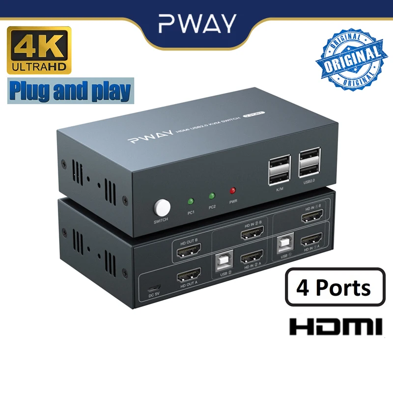 Pway Hdmi Kvm Switch 2X2 Supporta Fino A 4K @ 30Hz Video Two Group Splitter 4 Usb2.0 Switch Tastiera Mouse Stampante Per Pc Laptop