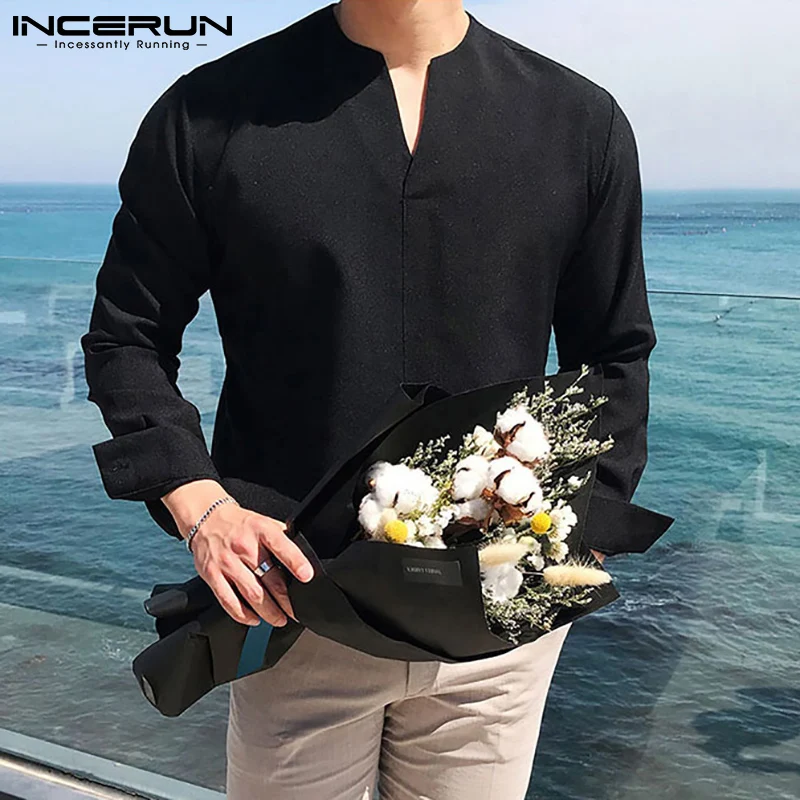 INCERUN 남성용 캐주얼 용수철 블라우스, 얇은 긴팔 셔츠, 루즈한 세련된 블라우스 S-3XL, 멋진 남성 상의, 2024