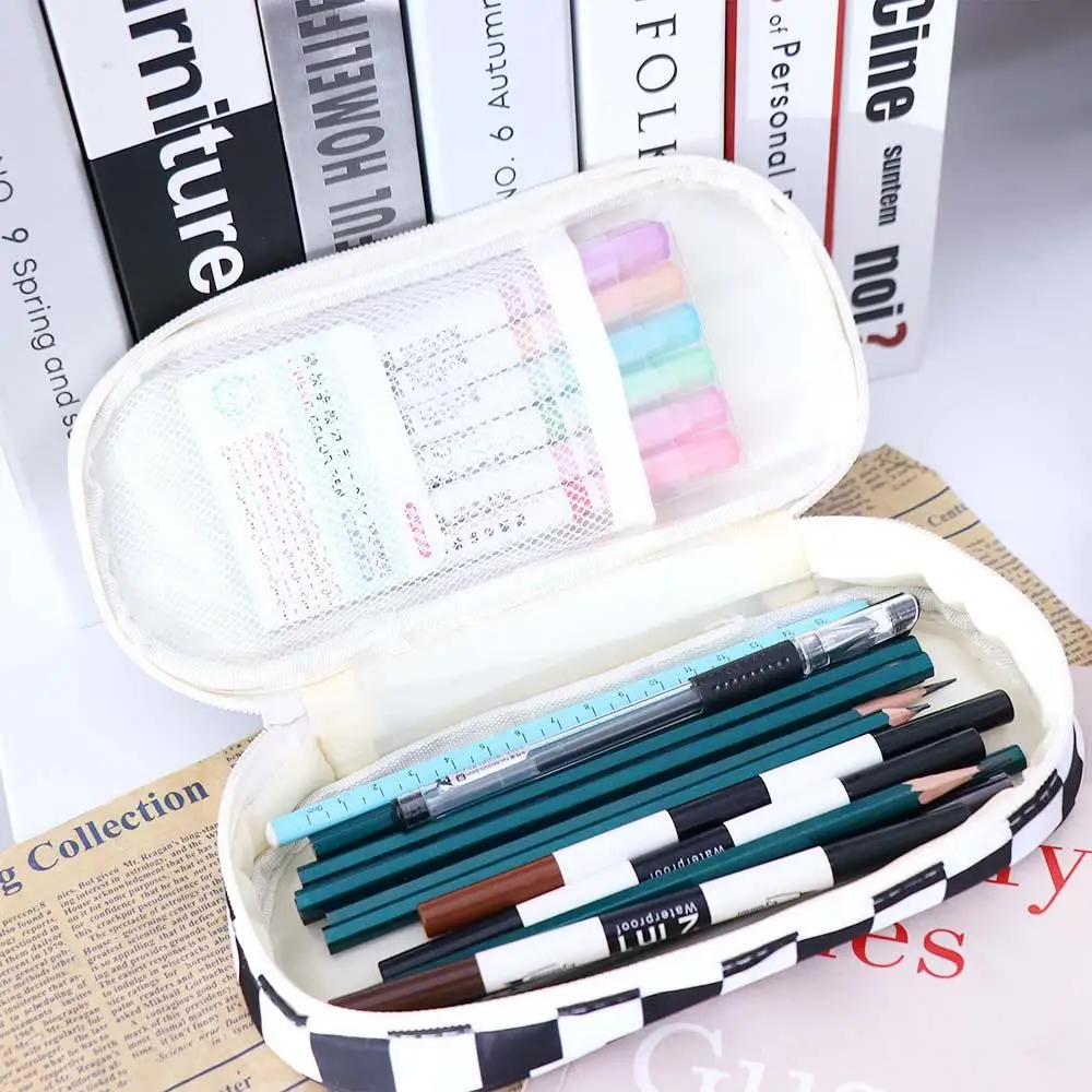 

Portable Office Supplies Student Children Simple Checkerboard Pencil Case Stationery Bag Pencil Bag Large Capacity