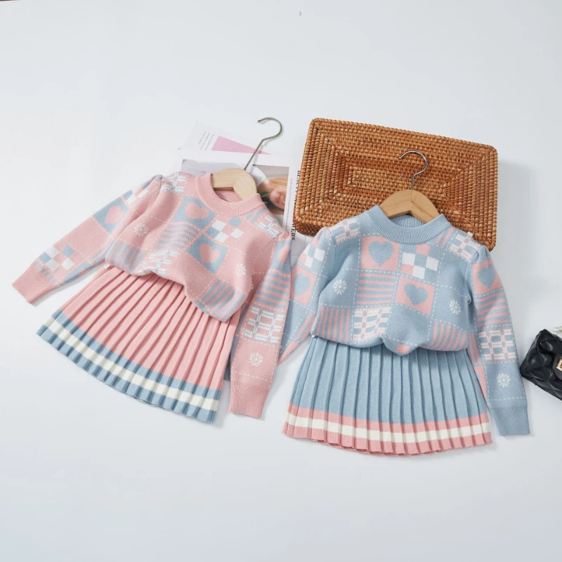 

Girls' Sweater Suit Autumn and Winter Girls' Knitted Long-sleeved Pullover Sweater + Pleated Skirt Sweater Two-piece Set