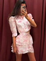 Ensemble jupe et haut plissé en mousseline imprimé pour femme, manches bouffantes, mini-jupe à volants, collection été 2026 6