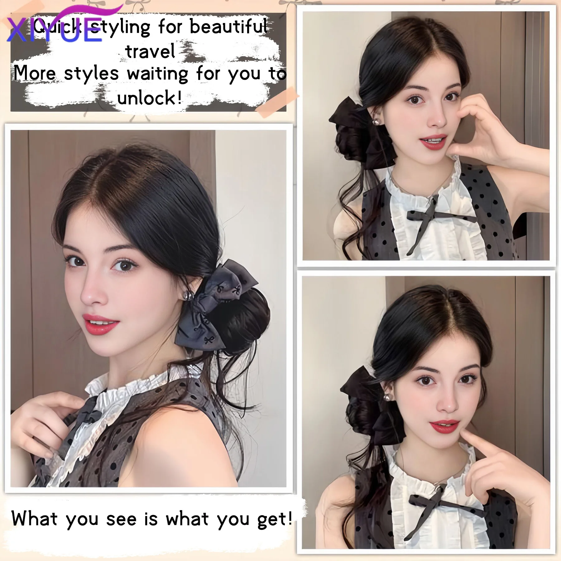 XIYUE 합성 가발 여성용 클로 클립 보우 드래곤 수염 롤빵 게으른 스타일 한국어 푹신한 롤빵 헤어 백