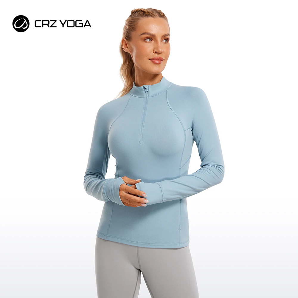 Crz Yoga Womens Half Zip Pullover A Maniche Lunghe Camicie Slim Fit Workout Yoga Athletic Tops Con Fori Per Il Pollice
