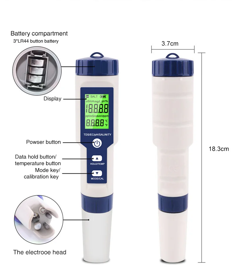 NOYAFA EZ-9909 5 in 1 TDS/EC/PH/Salinity/Temperature Meter Digital Water Quality