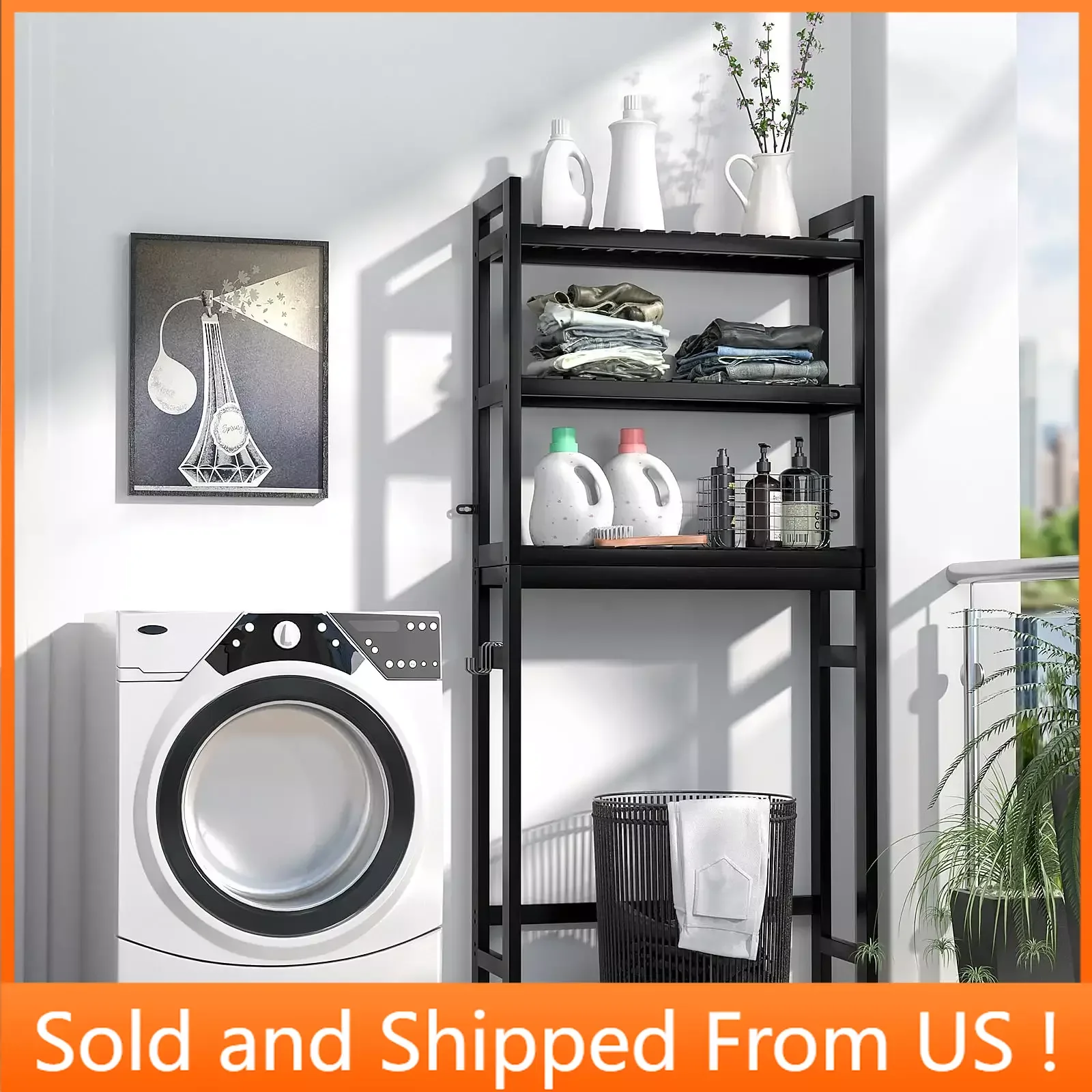 

Over The Toilet Storage Shelf, Bamboo 3-Tier Above Toilet Storage Rack with 3 Hooks, Freestanding Bathroom Shelf, Black