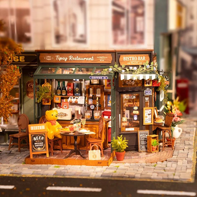 Robotime Rolife Tipsy Restaurant Miniature Dollhouse 3D Wooden Puzzle Bistro Bar Design Gifts for Family Home Decoration Toys 2