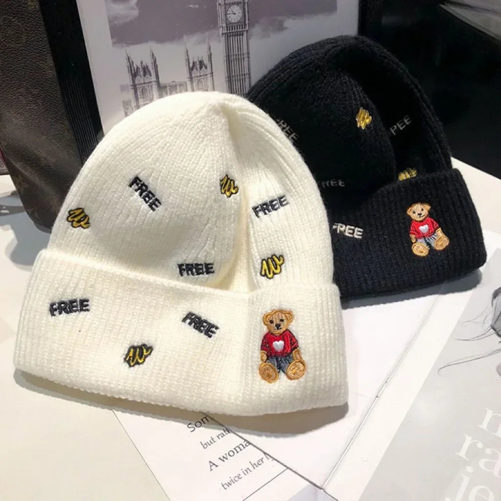 2023 New Bear Letter Wool Hat Woman Korean fashion Cap Trend Warm Ear Protection Cute Winter Knitted Hat Tide
