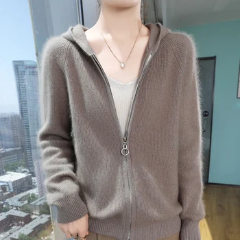 100% Pure Mink Cashmere Zipper Cardigan Women's Hooded Neck Knit Coat Hoodie Casual Loose Jacket Winter Long Sleeve Thicken Tops