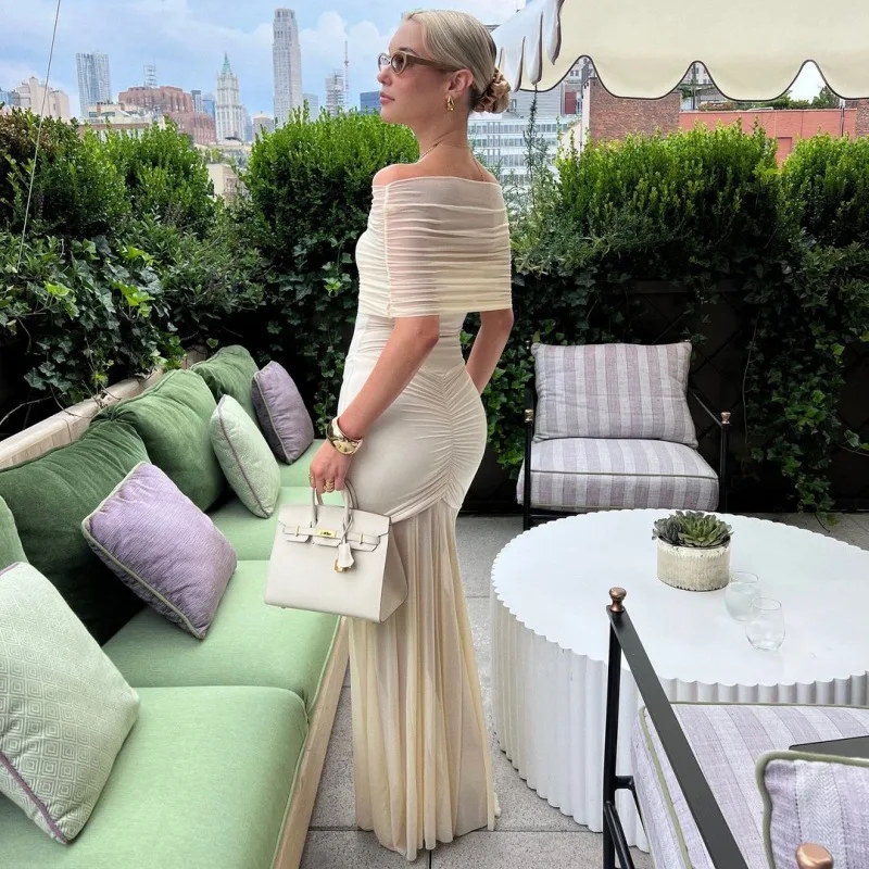 Autumn Mesh 2 Piece-Set Long Dress Women Off-Shoulder Pleated Elegant Bandeau Dress See-Through Female Maxi Dress Outfits